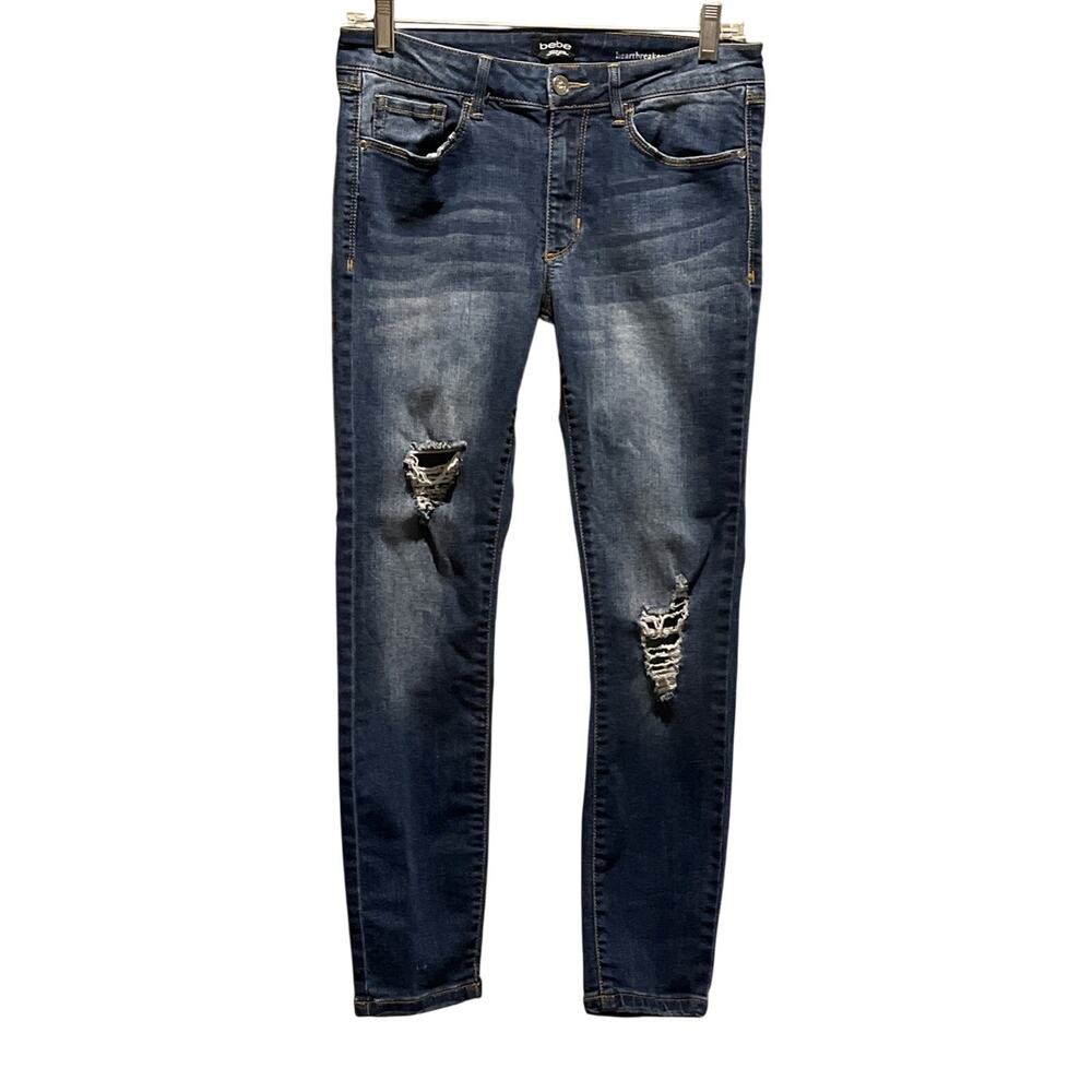Bebe Heartbreaker Ankle Distressed Ripped Blue Denim Jeans Sz 29/26